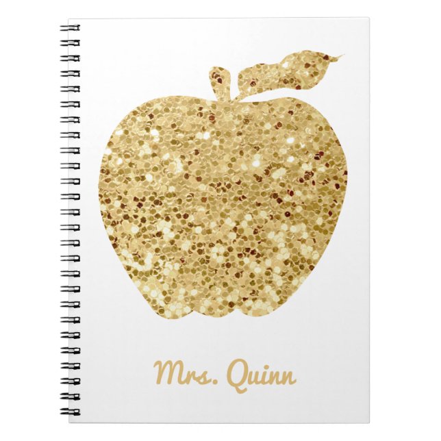 Caderno Espiral Encanto Dourado personalizado de Apple do Sequin (Frente)