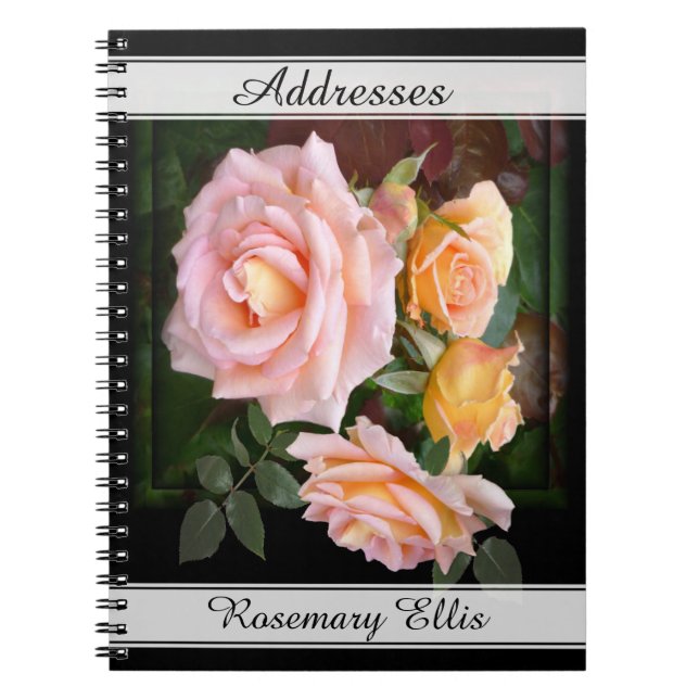 Caderno Espiral Endereço Personalizável de Lindas Rosas Rosa (Frente)