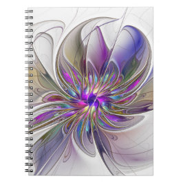 Caderno Espiral Energetic, Colorful Abstract Fractal Art Flower