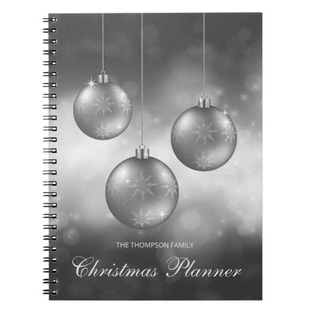 Caderno Espiral Enfeites de Natal Cinza Prata com Texto Personaliz (Frente)