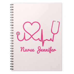Caderno Espiral Enfermeira Personalizada Rosa Nome Stethoscope Lin