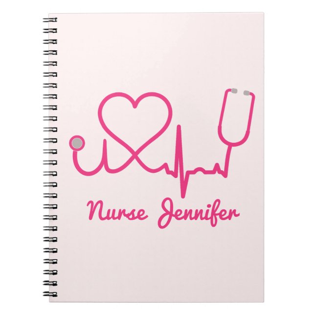 Caderno Espiral Enfermeira Personalizada Rosa Nome Stethoscope Lin (Frente)