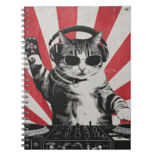 Caderno Espiral Engraçado DJ Cat Disco Sound Tech Fone de Ouvido