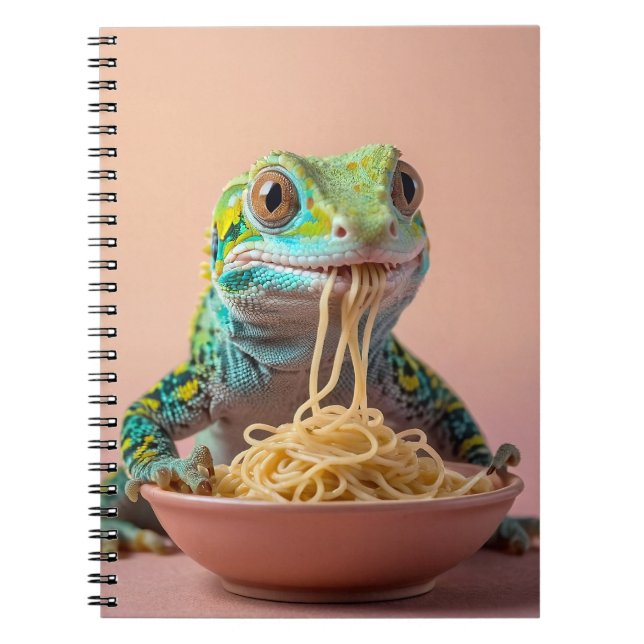 Caderno Espiral Engraçado Gecko Comendo Espaguete (Frente)