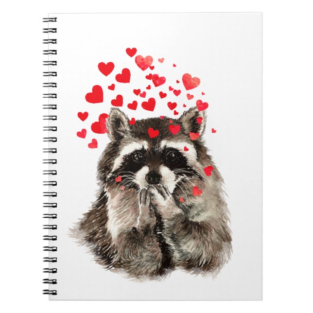 Caderno Espiral Engraçado Raccoon soprando beijos adoram corações (Frente)