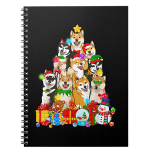 Caderno Espiral Engraçado Shiba Inu Árvore De Natal Luzes Cachorro