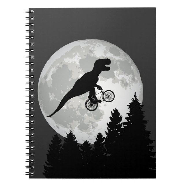 Caderno Espiral Engraçado T-Rex voando na Bicicleta com Lua Cheia (Frente)