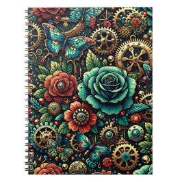 Caderno Espiral Engrenagens e Rosas Temáticas de Steampunk Lindas 