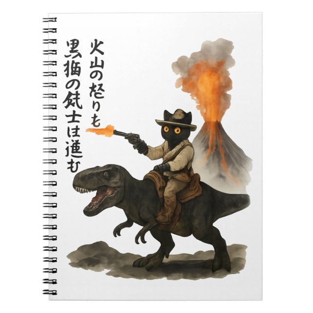 Caderno Espiral Epic Black Cat Cowboy Riding Dinosaur with Volcano (Frente)