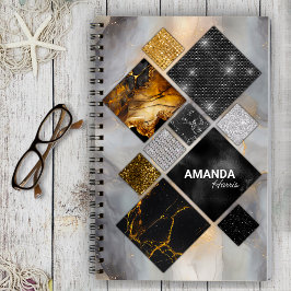 Caderno Espiral Esboço geométrico do ouro negro elegante e pratead