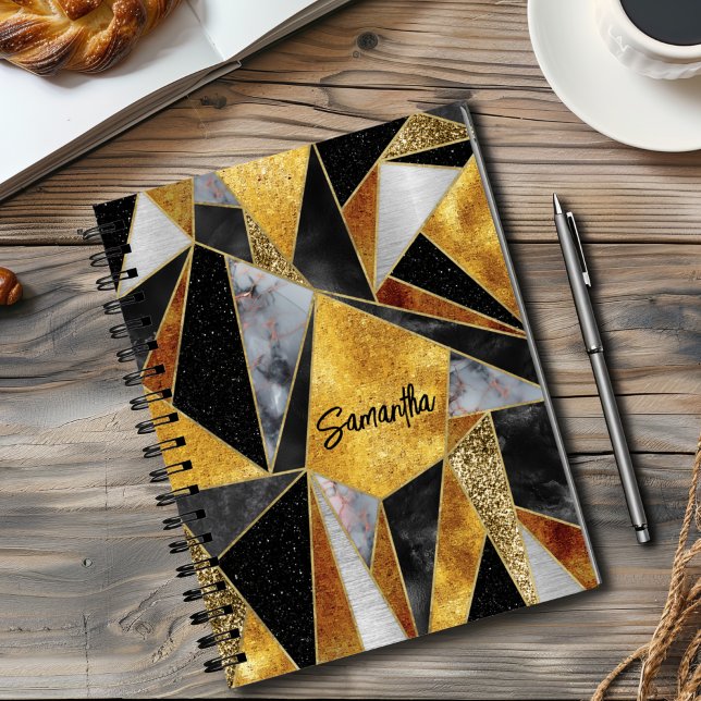 Caderno Espiral Esboço geométrico preto-abstrato ouro Elegante (Criador carregado)