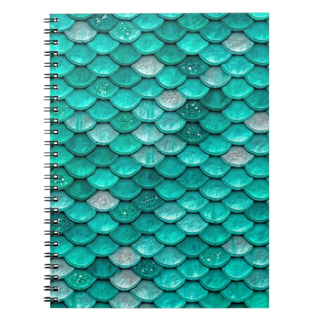 Caderno Espiral Escalas de Sereia de Água Verde com Brilho (Frente)