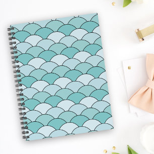 Caderno Espiral Escamas de Dragão, Ventoinhas, Ondas, Seigaiha, Az