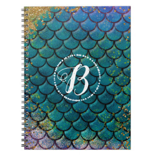 Caderno Espiral Escamas de Peixe Sereia Glam Teal Roxo Dourado Bri