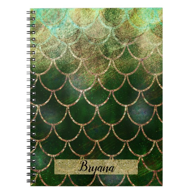 Caderno Espiral Escamas de Peixe Sereia Verde e Dourado Brilhante (Frente)