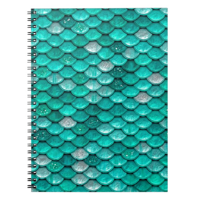 Caderno Espiral Escamas de Sereia Aqua Verde com brilho brilhante (Frente)