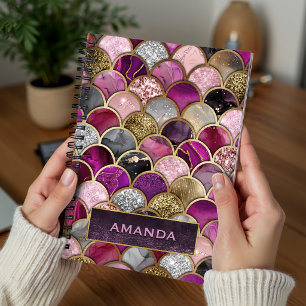 Caderno Espiral Escamas de sereia douradas rosa quente fofa cadern