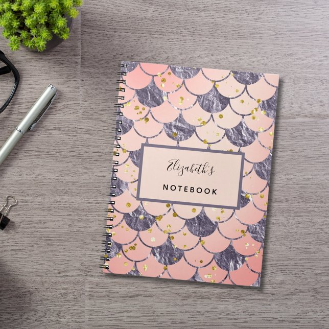 Caderno Espiral Escamas de sereia rosa pêssego roxo (Criador carregado)