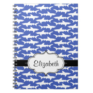 Caderno Espiral Escola dos tubarões azul e branco engraçados