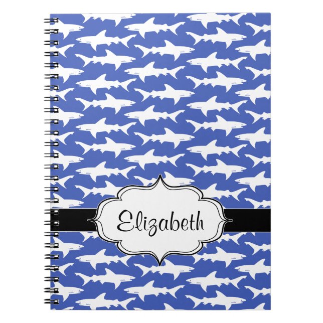 Caderno Espiral Escola dos tubarões azul e branco engraçados (Frente)