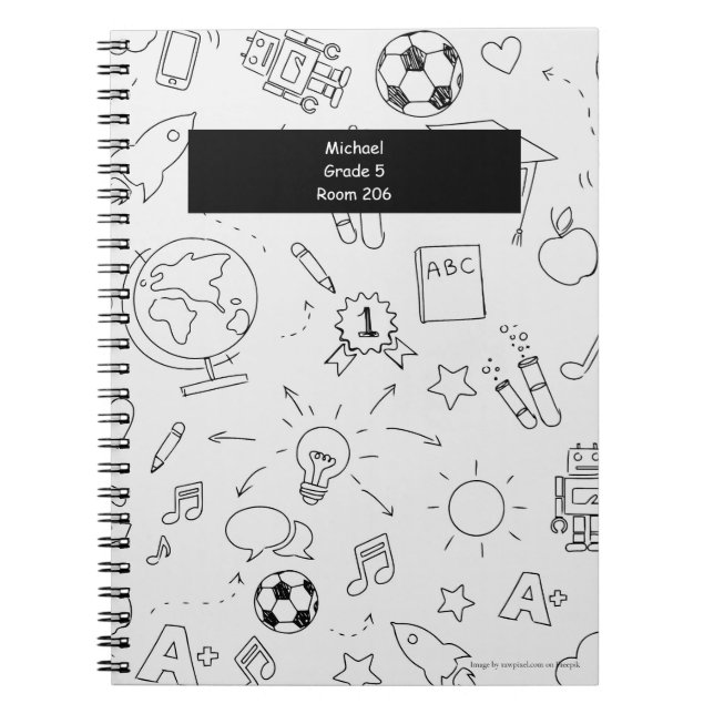 Caderno Espiral Escola Primária Branco e Preto Personalizado (Frente)
