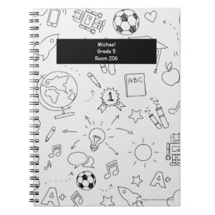 Caderno Espiral Escola Primária Personalizada Branco e Preto