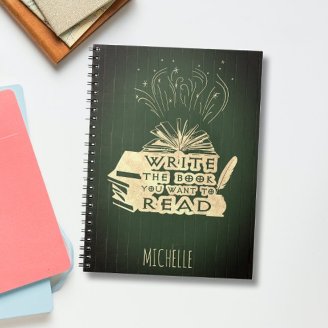 Caderno Espiral Escreva o livro que você quer ler verde-oliva vint (Criador carregado)