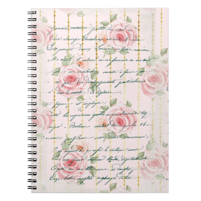 Caderno Espiral Escrevendo de Vintage de Rosas Rosa (Frente)