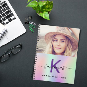 Caderno Espiral Escrito com nome de foto roxo holográfico rosa