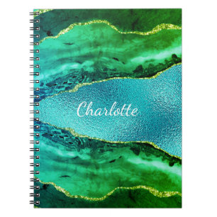 Caderno Espiral Escrito com nome de mármore verde-azul-esmeralda