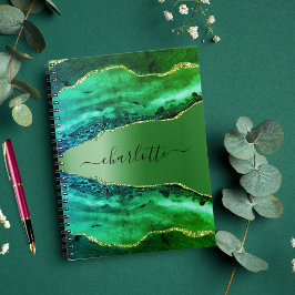 Caderno Espiral Escrito de nome de mármore do agate verde-esmerald