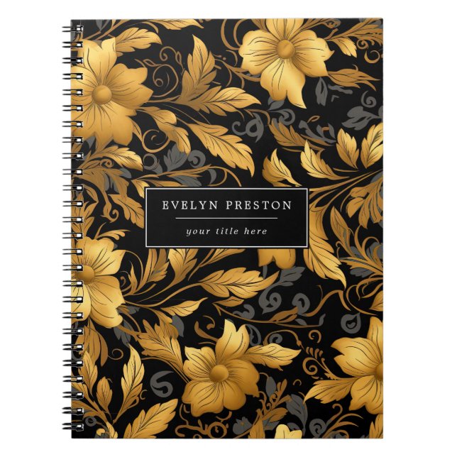Caderno Espiral Escuro Dourado Elegante Folha Floral Negra Deixa S (Frente)