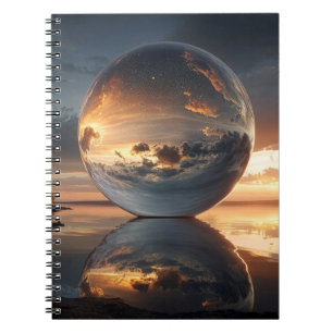Caderno Espiral Esfera Reflexiva Surrealista Com Nuvens de Pôr do