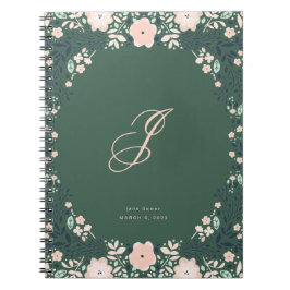 Caderno Espiral Esmeralda Verde Suave Monograma Floral Pessoal Per