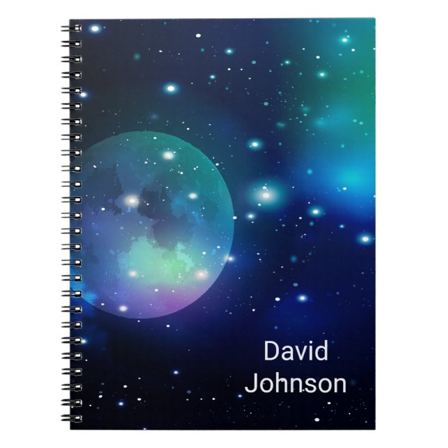 Caderno Espiral Espaço externo e estrelas com nome personalizado (Frente)