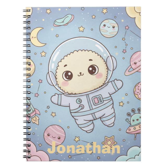 Caderno Espiral Espaço Kawaii Fofo - Astronauta e Lua Sorridente (Frente)