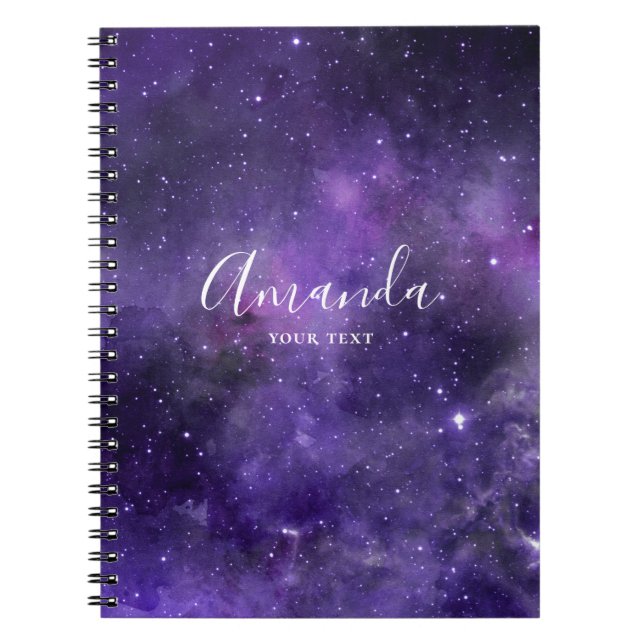 Caderno Espiral Espaço roxo de aquarela. Estrelas de galáxias mode (Frente)