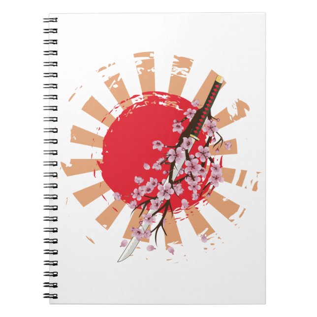 Caderno Espiral Espada japonesa katana com flores sakura (Frente)