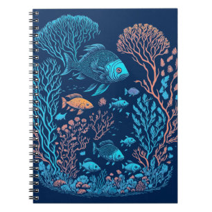 Caderno Espiral Espanhol subaquático de peixes coloridos e recifes