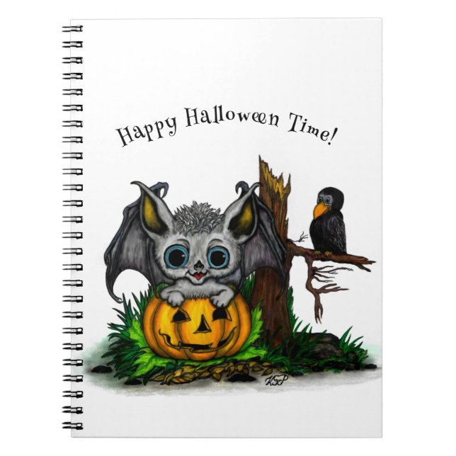 Caderno Espiral Esperando o Halloween, Cute Bat e Raven (Frente)