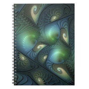 Caderno Espiral Espirais Beige Turquesa Verde Abstrato Arte Fracta