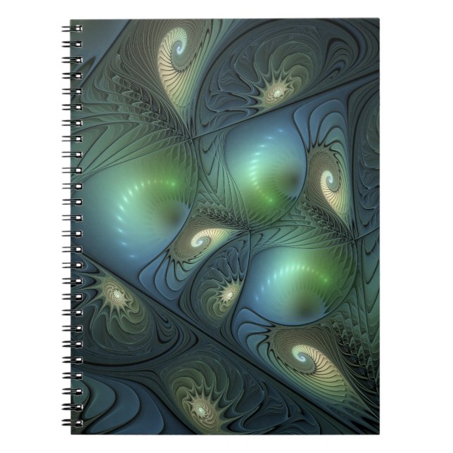 Caderno Espiral Espirais Teal Beige Verde Abstrato Fractal (Frente)
