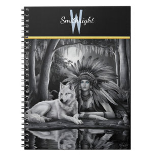 Caderno Espiral Espírito da Selvagem: Mulher Indiana e Lobo