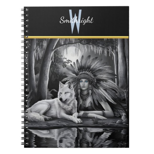 Caderno Espiral Espírito da Selvagem: Mulher Indiana e Lobo (Frente)
