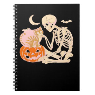 Caderno Espiral Esqueleto Abraçando Gato Halloween Amante de Gatos