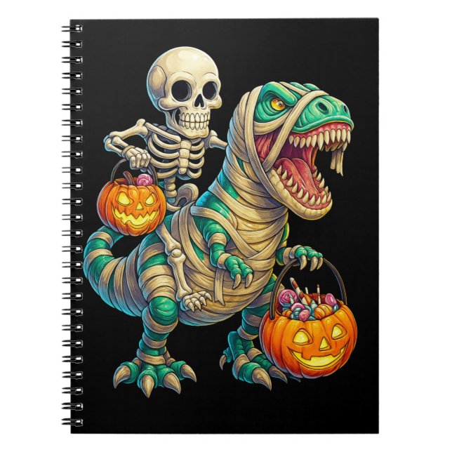 Caderno Espiral Esqueleto Caprichoso Montando Múmia T-Rex Hallowee (Frente)