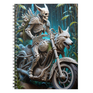 Caderno Espiral esqueleto em uma motoqueira montada com uma cabeça