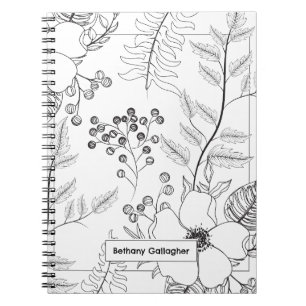 Caderno Espiral Esquema Botânico Preto e Branco Personalizado