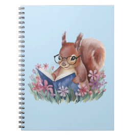 Caderno Espiral Esquilo Lendo Um Livro, Aninhado Em Flores