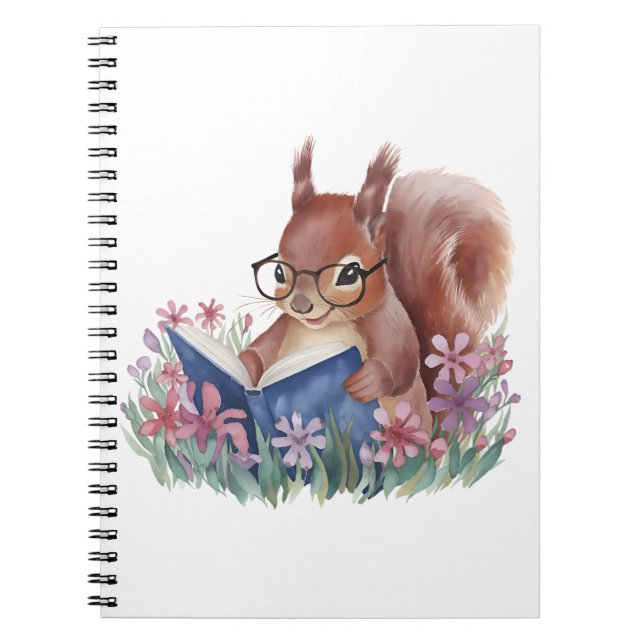Caderno Espiral Esquilo Lendo Um Livro, Escondido Em Flores (Frente)